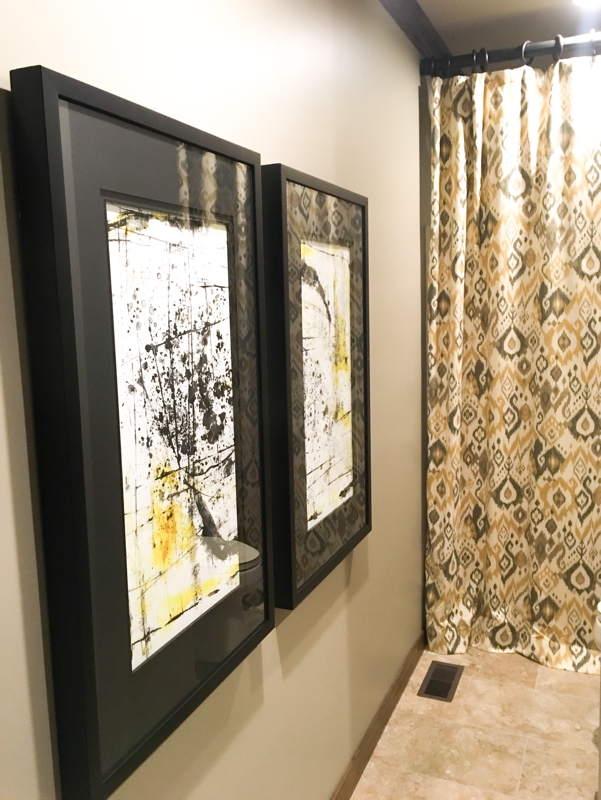 artwork with black and yellow and custom shower curtain