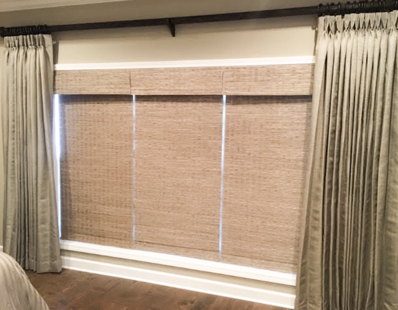 graber natural woven wood shades motorized for window with tan curtains and wood rod 