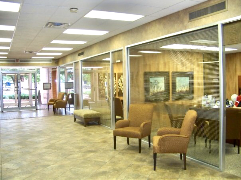waiting area interior design with guest chairs and bench and tile 